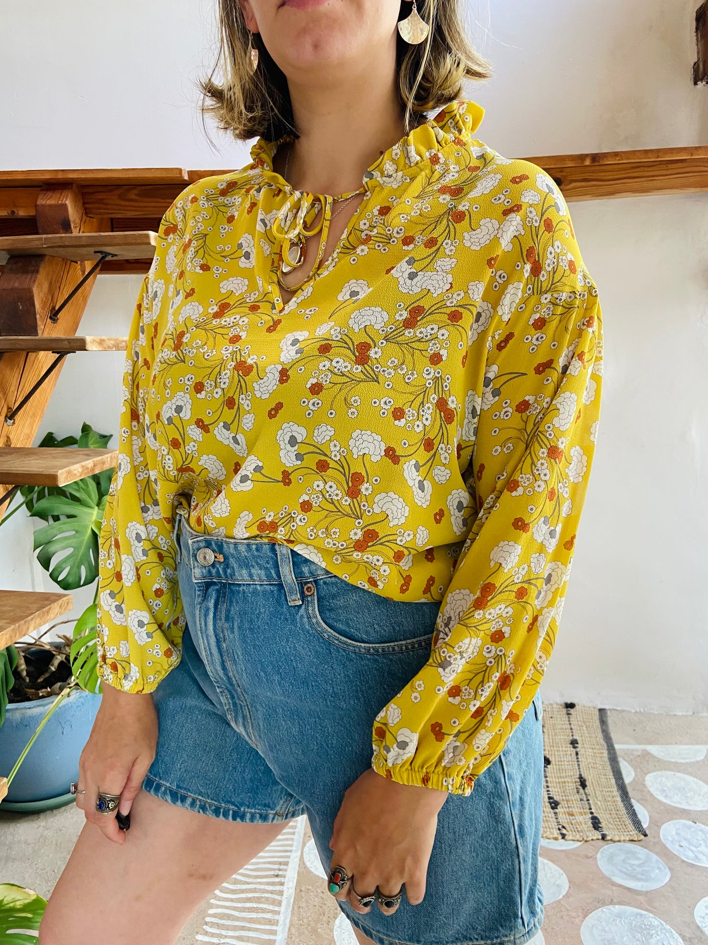 VINTAGE Y2K Yellow Floral Bohemian Blouse - M/L