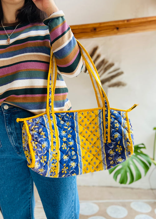 VINTAGE 70’s Yellow & Blue Provençal Pattern Shoulder Bag - ONE SIZE