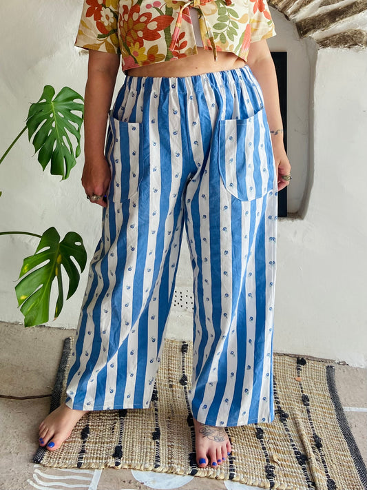 DESERT FOX Blue & White Floral Print Wide Leg Trousers - S/M
