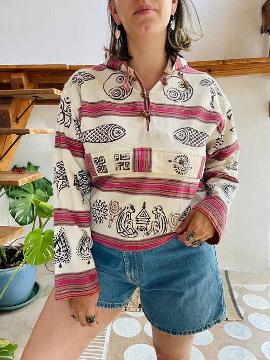 VINTAGE 90’s Hippie Stripe Peruvian Hooded Top - M