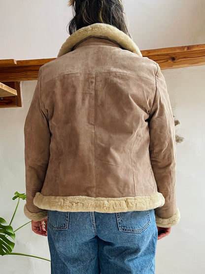 VINTAGE Retro Suede Tan Faux Fur Jacket Coat - M/L