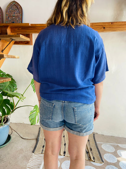 VINTAGE 90's Blue Bohemian Woven Short Sleeve Tunic Top - M/L