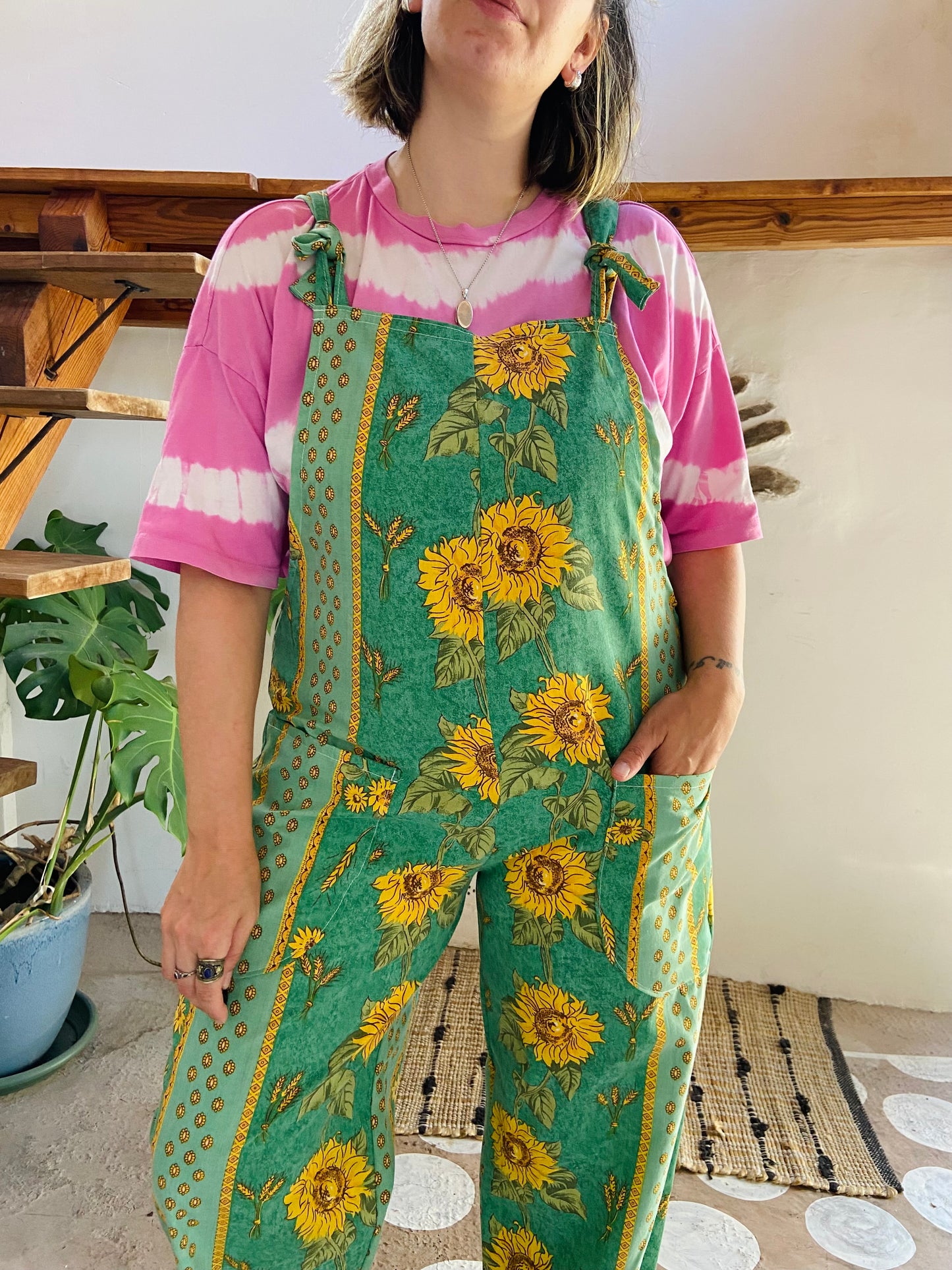 DESERT FOX Green Sunflower Provencal Print Long Length Dungarees - M/L