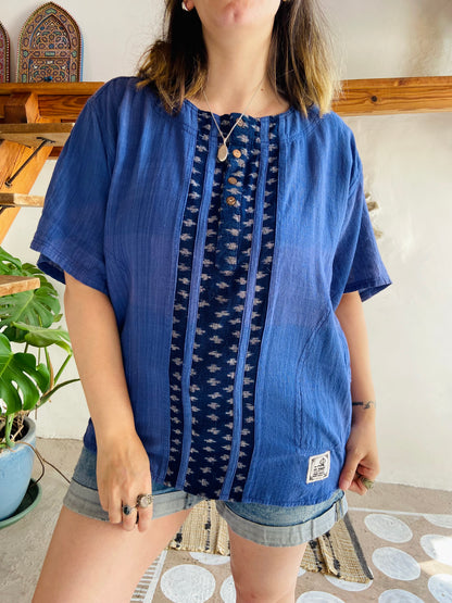 VINTAGE 90's Blue Bohemian Woven Short Sleeve Tunic Top - M/L