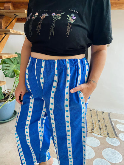 DESERT FOX Lola Floral Blue Stripe Wide Leg Trousers - M/L