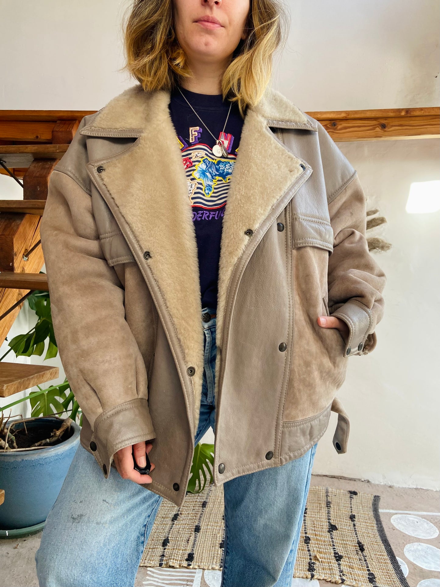 VINTAGE 80’s Sheepskin Grey Oversized Suede Coat Jacket - L/XL