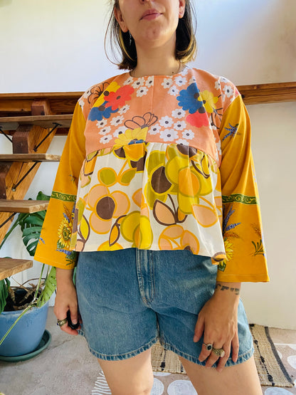 DESERT FOX Patchwork Orange Sunflower Floral Ruffle Top - M/L