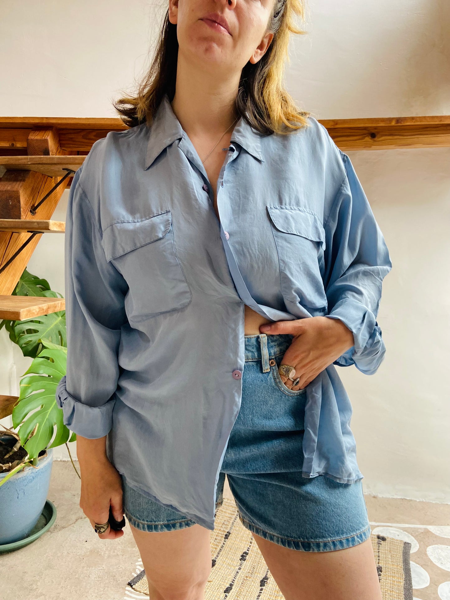 VINTAGE Pretty Blue Silk Long Sleeve Shirt - M/L