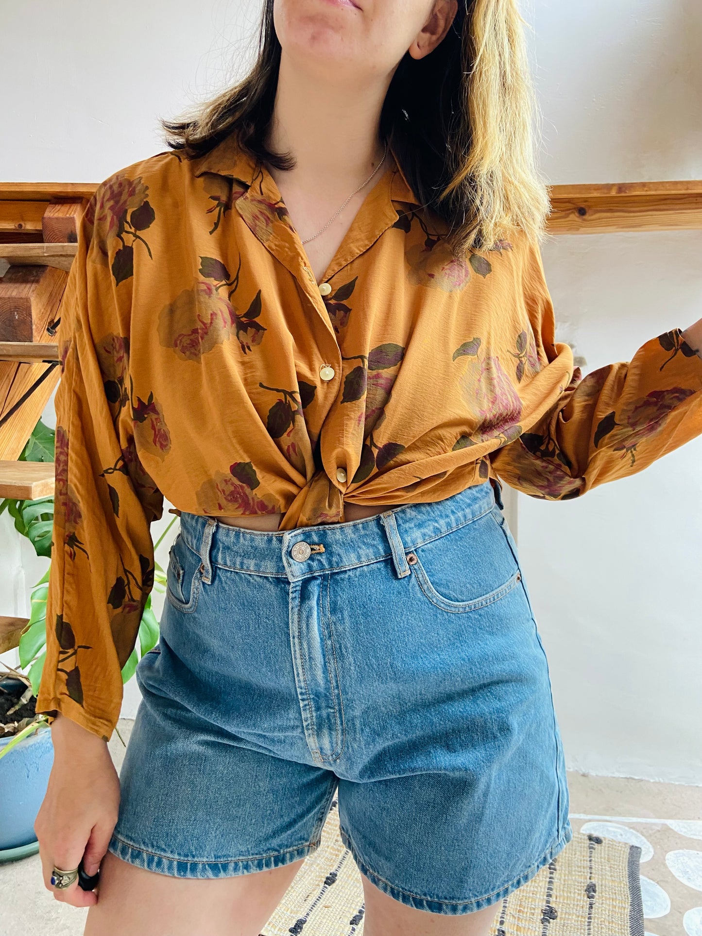 VINTAGE 80's Mustard Floral Long Sleeve Shirt - M/L