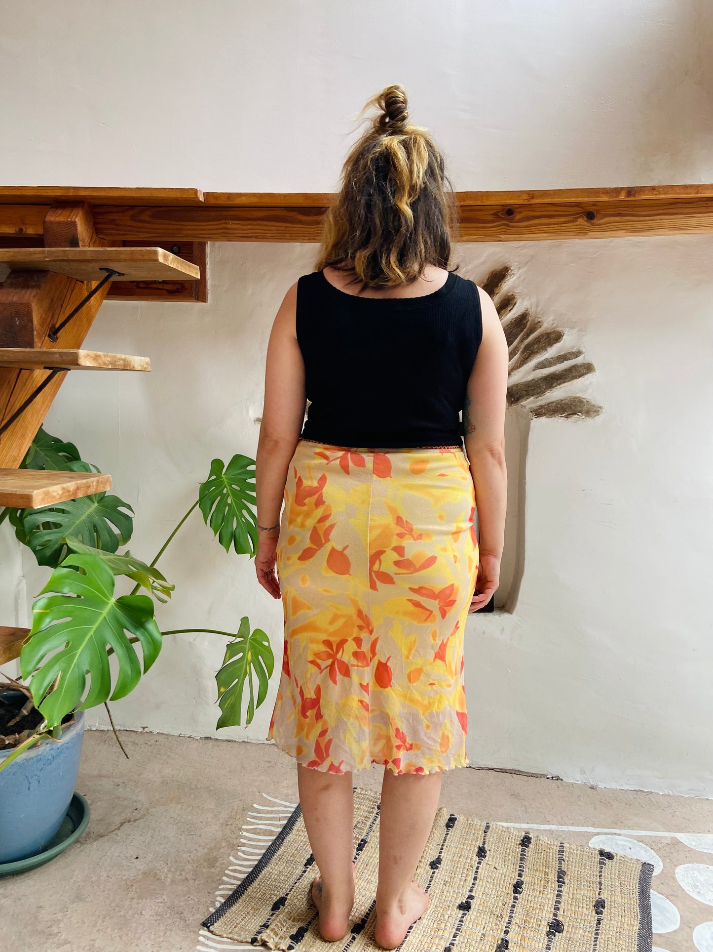 VINTAGE 90's Orange & Yellow Tube Midi Skirt - M