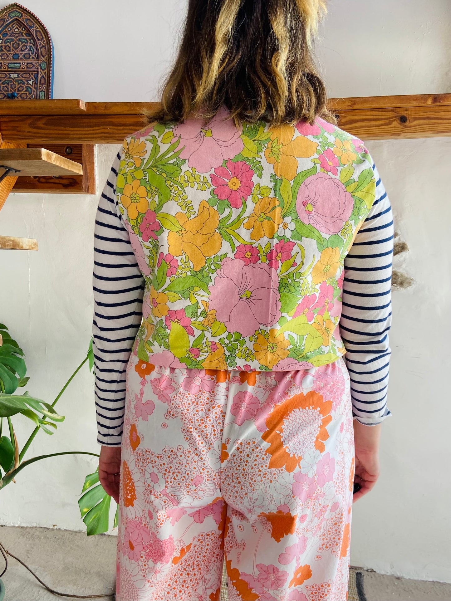 DESERT FOX 70's Orange & Pink Floral Reversible Waistcoat - S/M