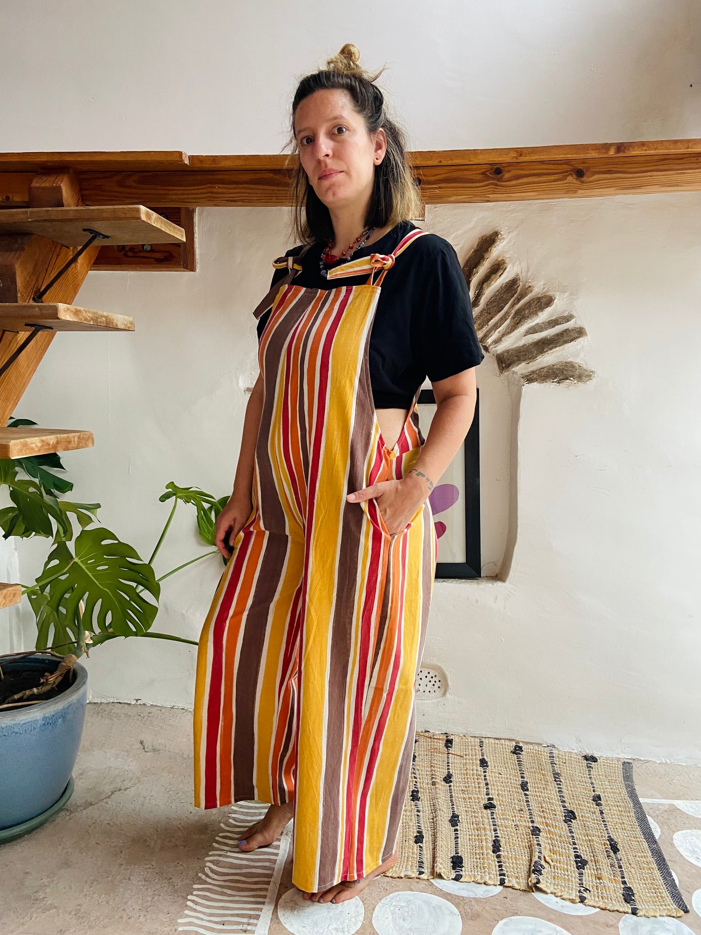 DESERT FOX Orange & Brown Stripe Wide Leg Dungarees - M/L