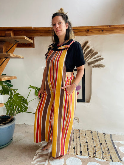 DESERT FOX Orange & Brown Stripe Wide Leg Dungarees - M/L