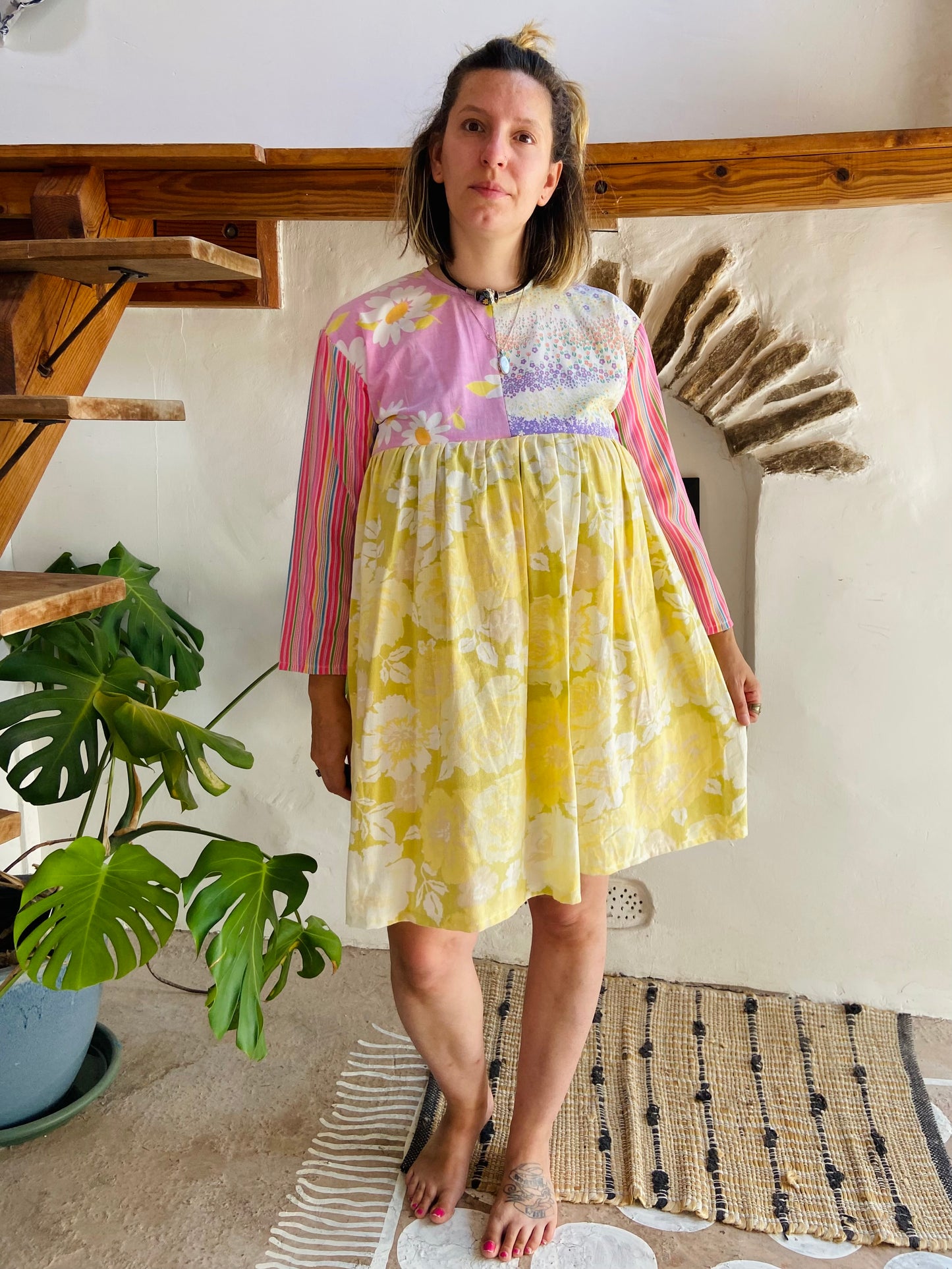 DESERT FOX Patchwork Pastel Floral Ruffle Dress - S/M