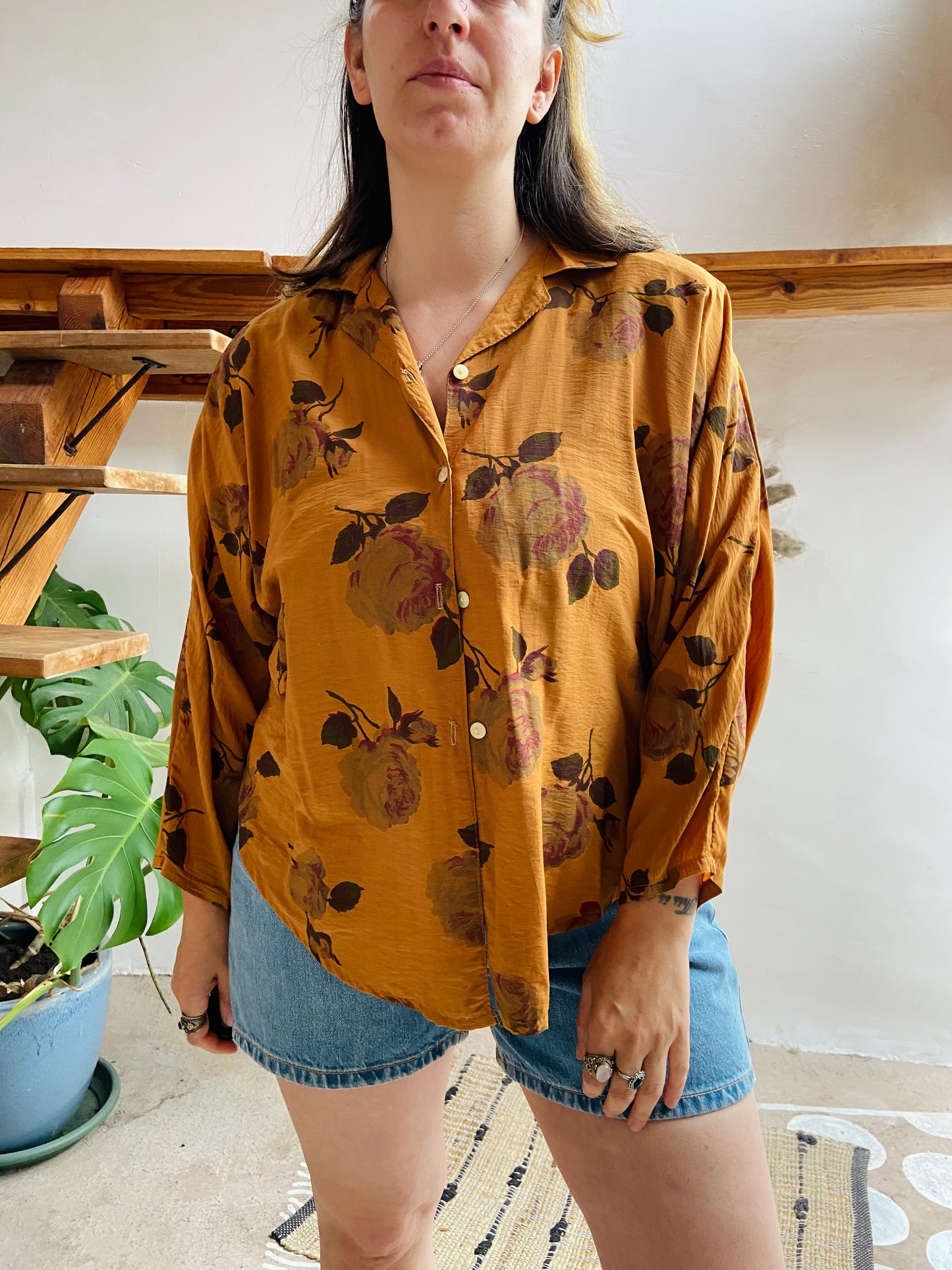 VINTAGE 80's Mustard Floral Long Sleeve Shirt - M/L