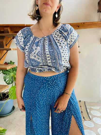 VINTAGE Blue Polkadot Slit Front Wide Leg Trousers - M