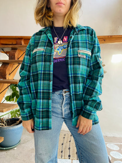 VINTAGE 90’s Flannel Checked Blue & Green Long Sleeve Shirt - L