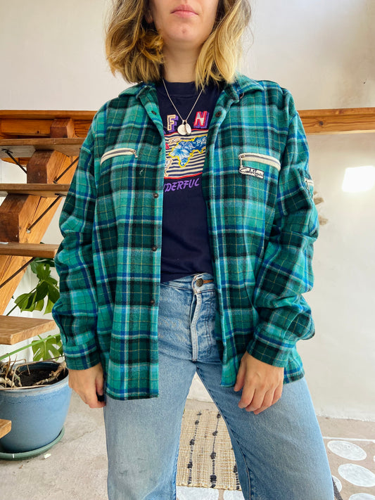 VINTAGE 90’s Flannel Checked Blue & Green Long Sleeve Shirt - L