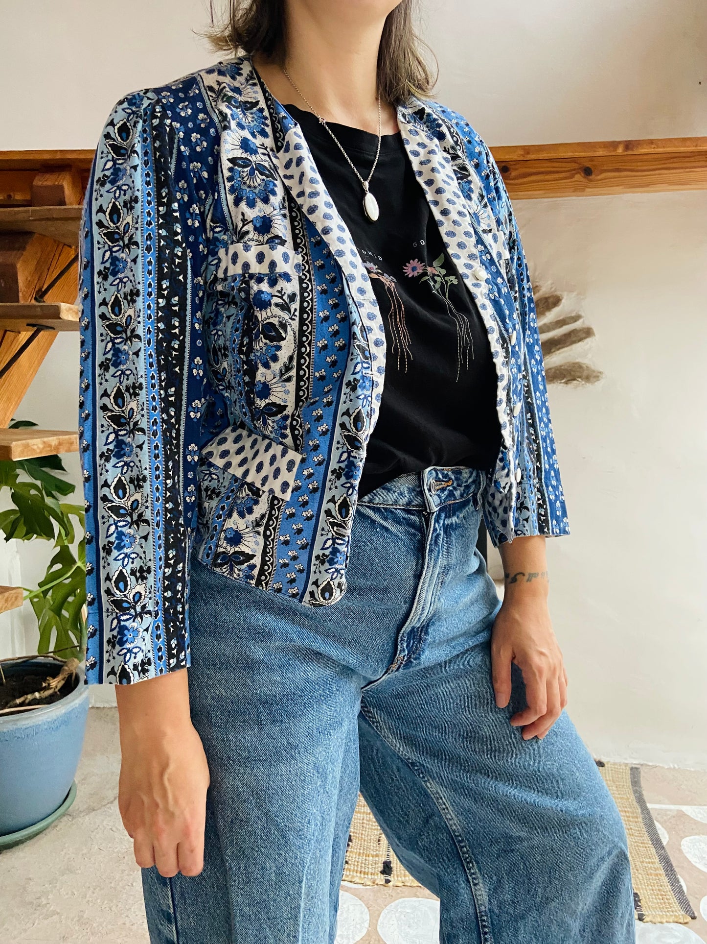 VINTAGE Blue Provencal Cotton Jacket - S/M