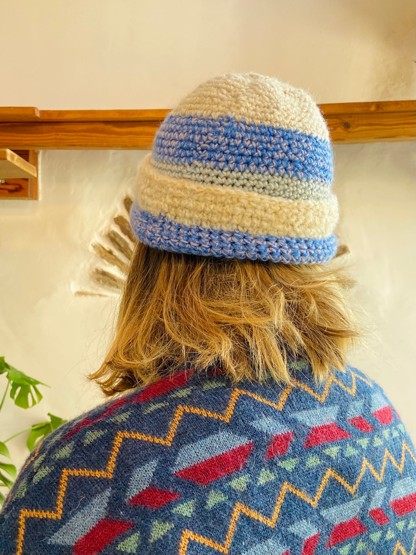 VINTAGE 90's Blue and Beige Woollen Hat - ONE SIZE