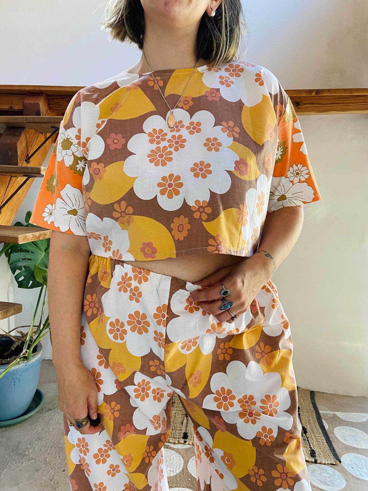 DESERT FOX 70’s Orange Floral Co-Ord Trousers & Top Set - M/L