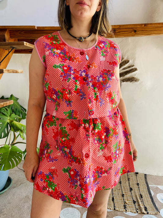 VINTAGE Floral Re-Worked Co-Ord Top & Skirt Set - M/L