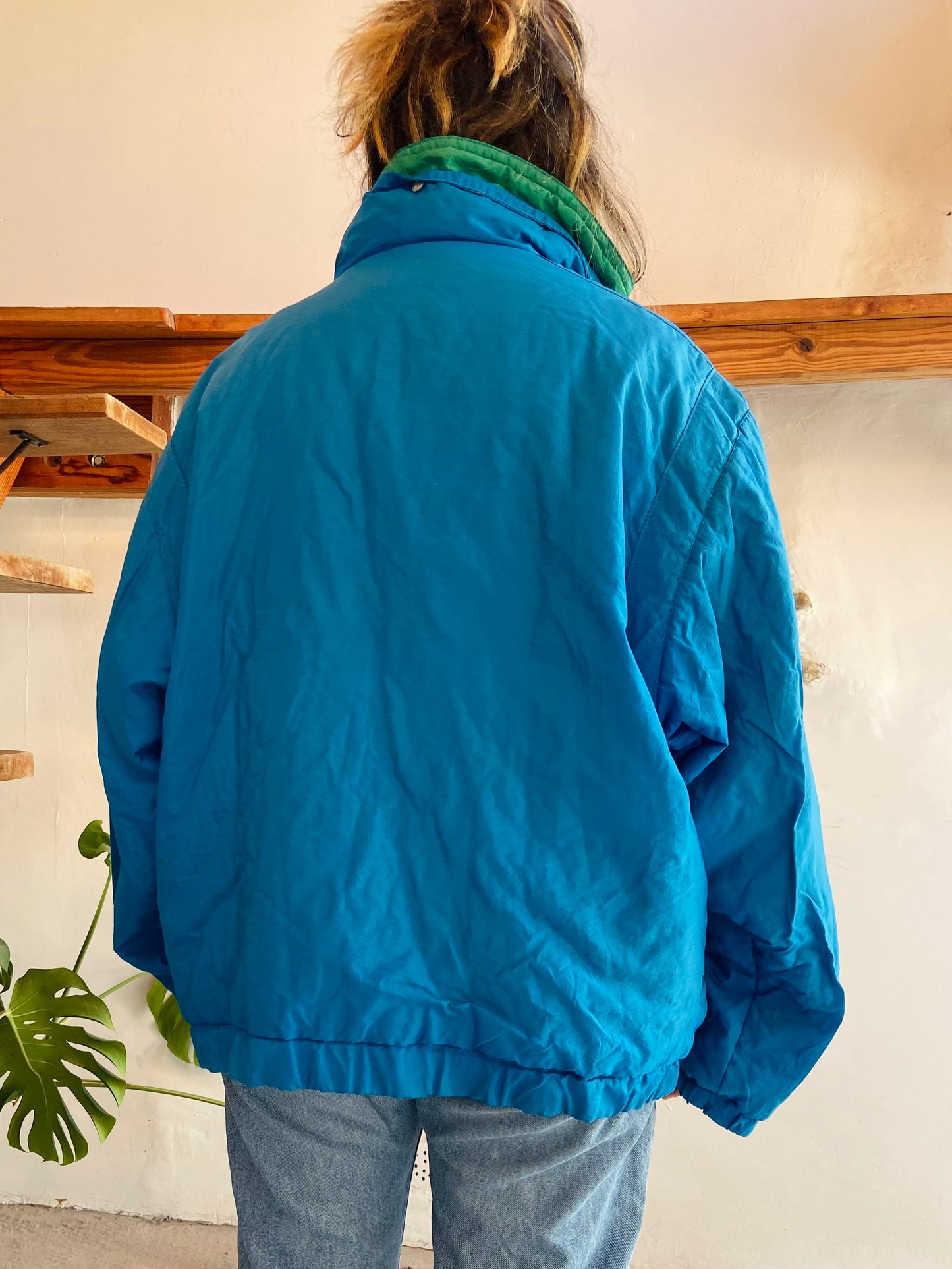 VINTAGE 80's Retro Blue & Green Raincoat Funky - L/XL