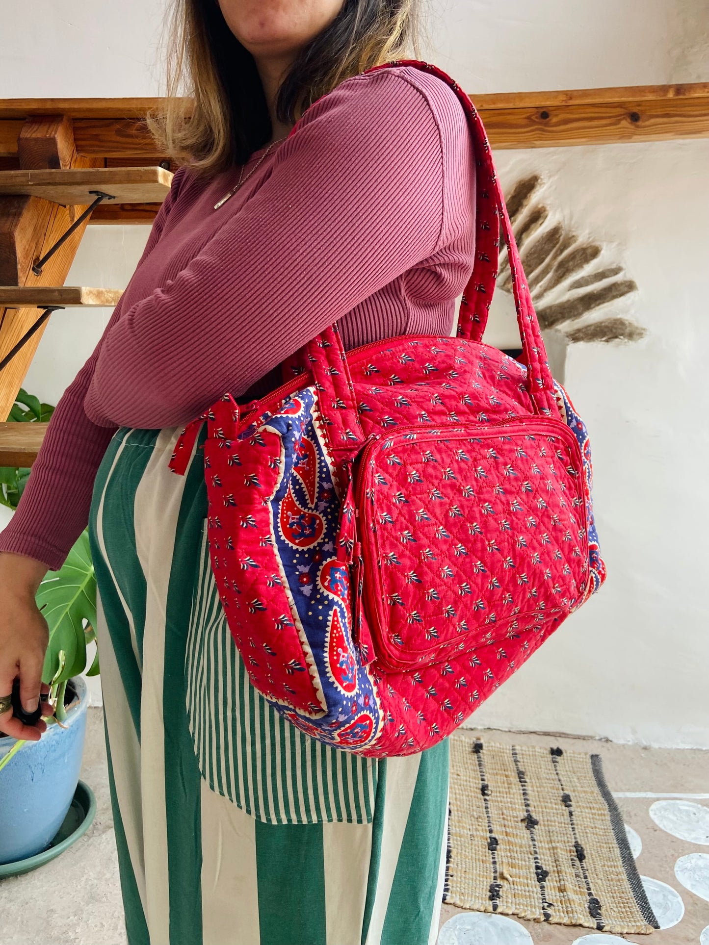 VINTAGE Red Provencal Pattern Shoulder Bag - ONE SIZE