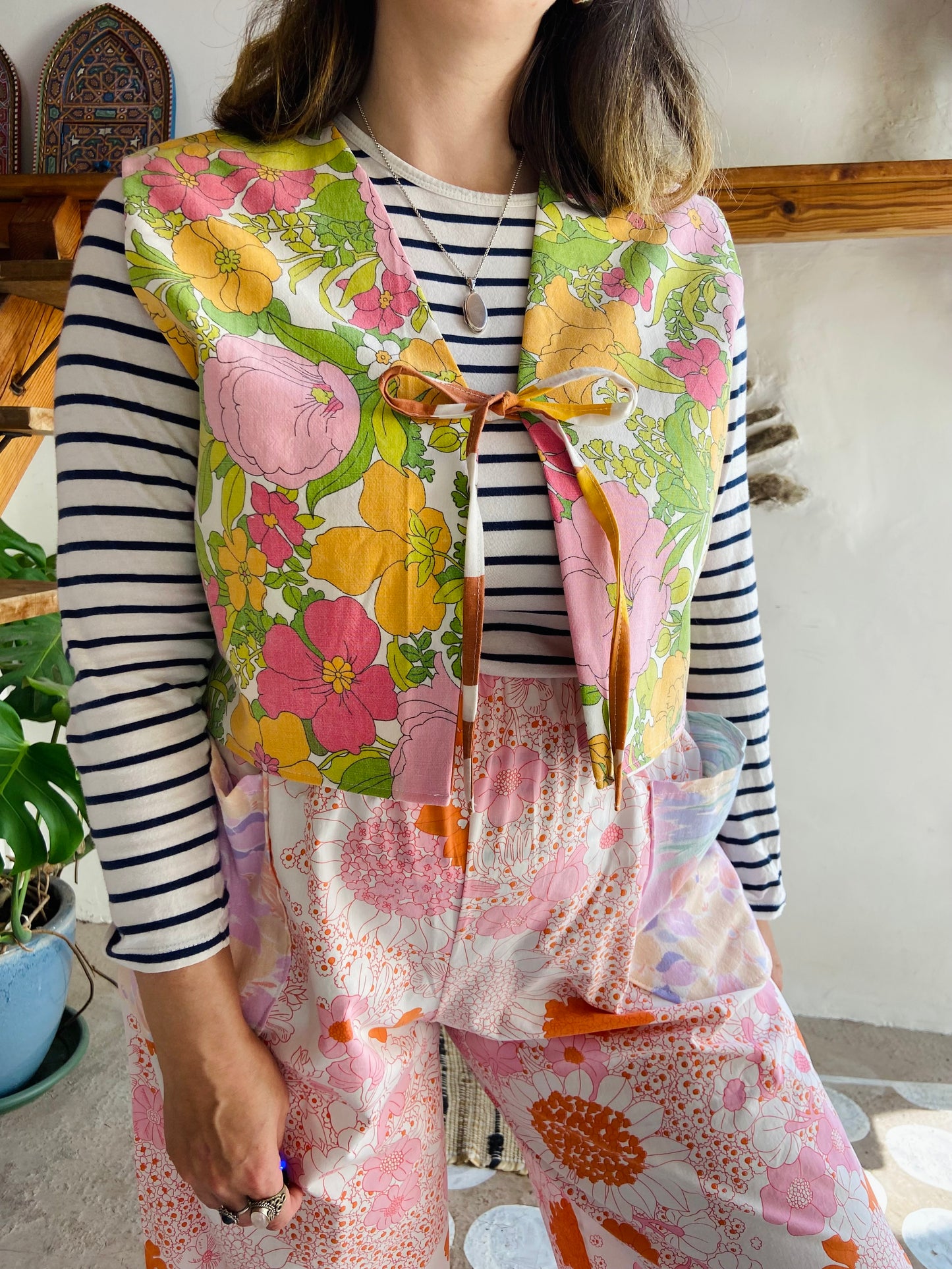 DESERT FOX 70's Orange & Pink Floral Reversible Waistcoat - S/M