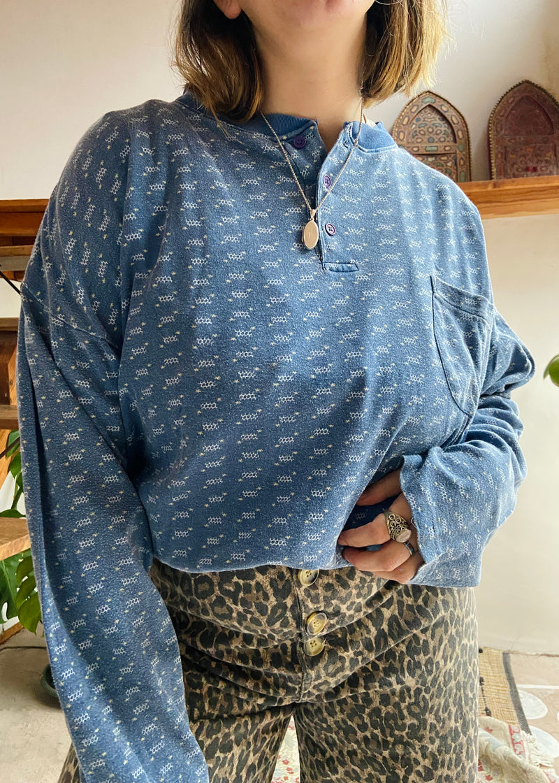 VINTAGE 90's Blue Patterned Grunge Long Sleeve T-Shirt Top - L