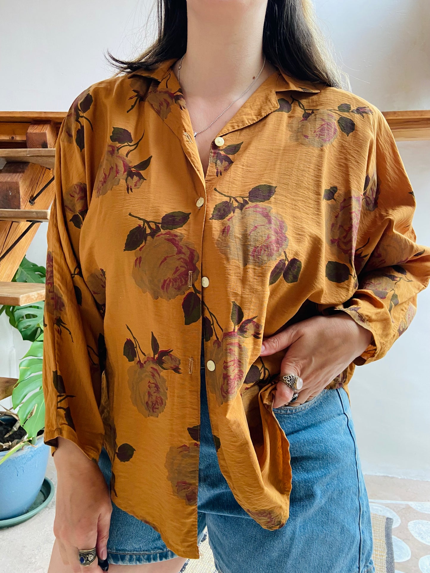 VINTAGE 80's Mustard Floral Long Sleeve Shirt - M/L