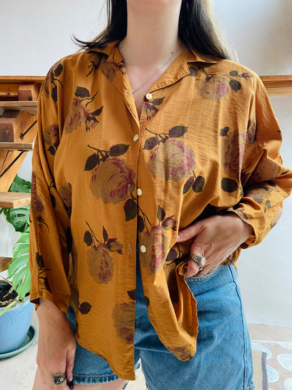 VINTAGE 80's Mustard Floral Long Sleeve Shirt - M/L