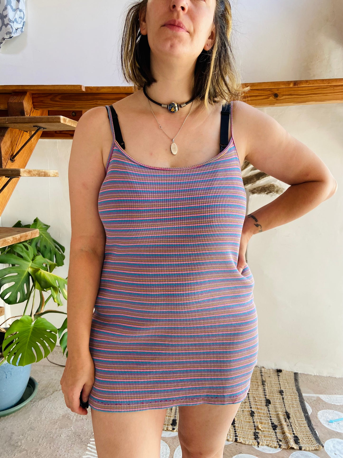 VINTAGE 90's Stripe Funky Short Strappy Dress - M/L