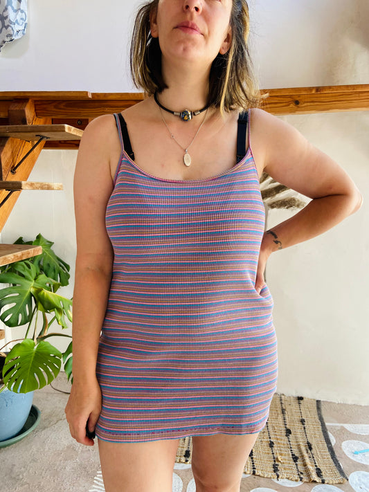 VINTAGE 90's Stripe Funky Short Strappy Dress - M/L