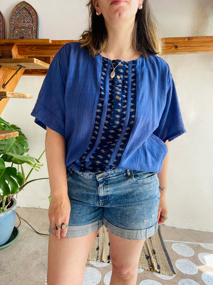 VINTAGE 90's Blue Bohemian Woven Short Sleeve Tunic Top - M/L