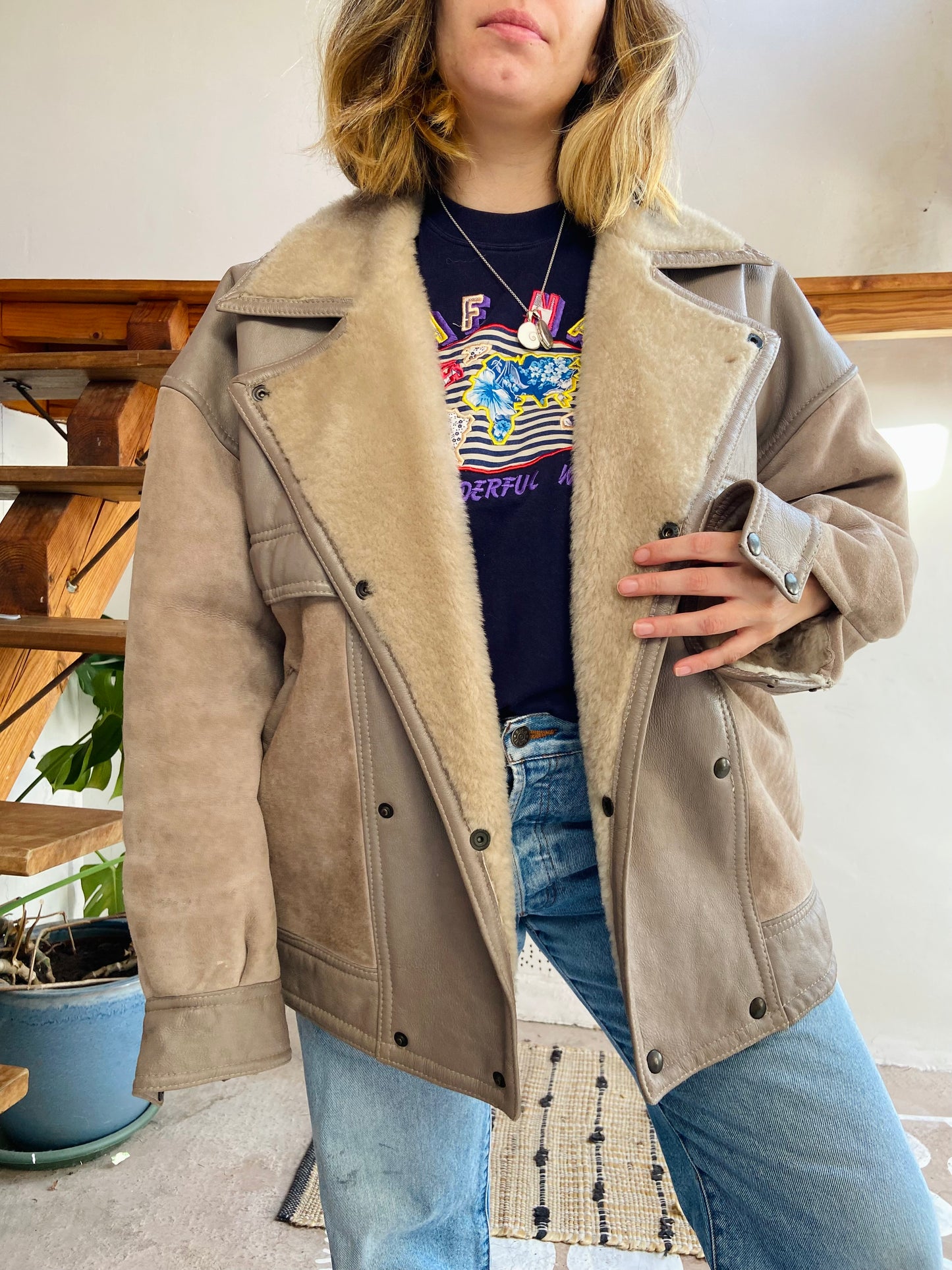 VINTAGE 80’s Sheepskin Grey Oversized Suede Coat Jacket - L/XL