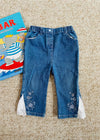 VINTAGE 90's Denim Lace Embroidered Flared Trousers - 18 Months