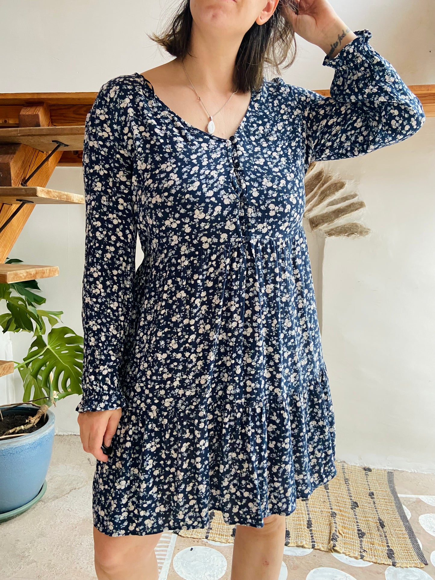 VINTAGE 90's Floral Blue Long Sleeve Dress - M/L