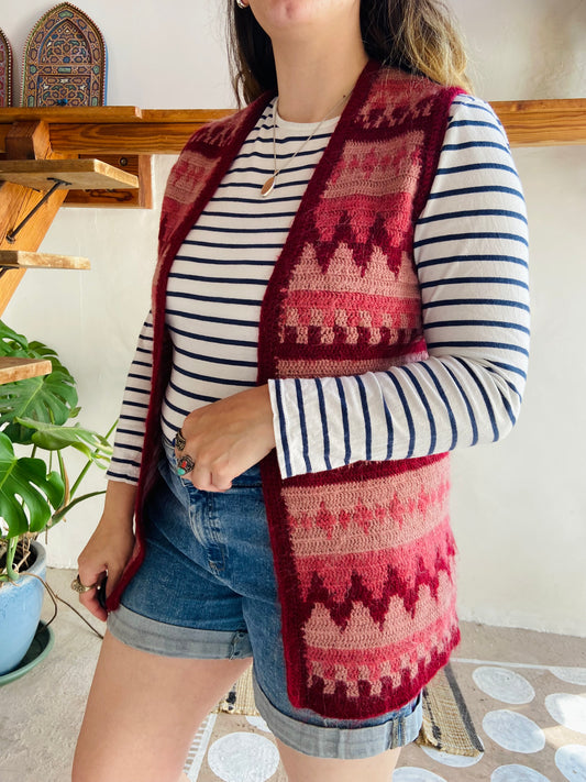 VINTAGE 70's Pink Knitted Waistcoat Gilet - S/M