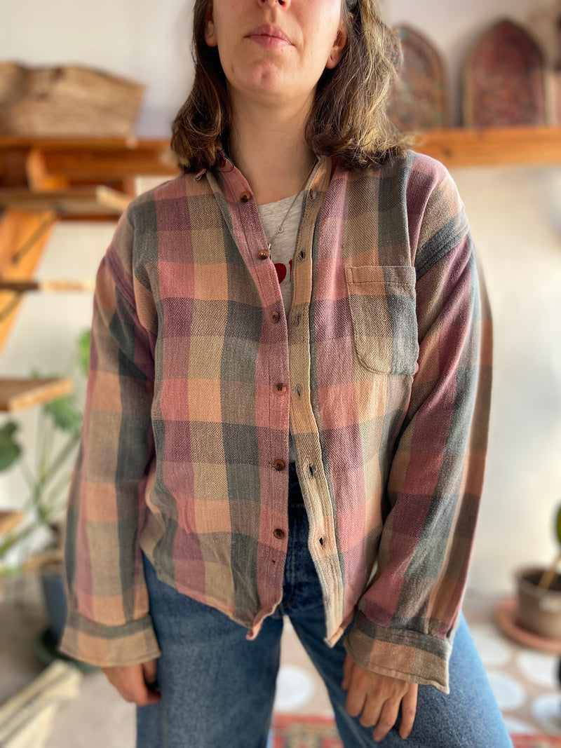 VINTAGE 90's Dusty Pastel Checked Long Sleeve Flannel Shirt - M