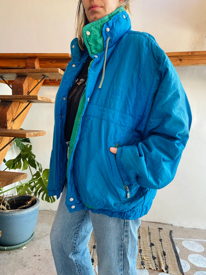 VINTAGE 80's Retro Blue & Green Raincoat Funky - L/XL