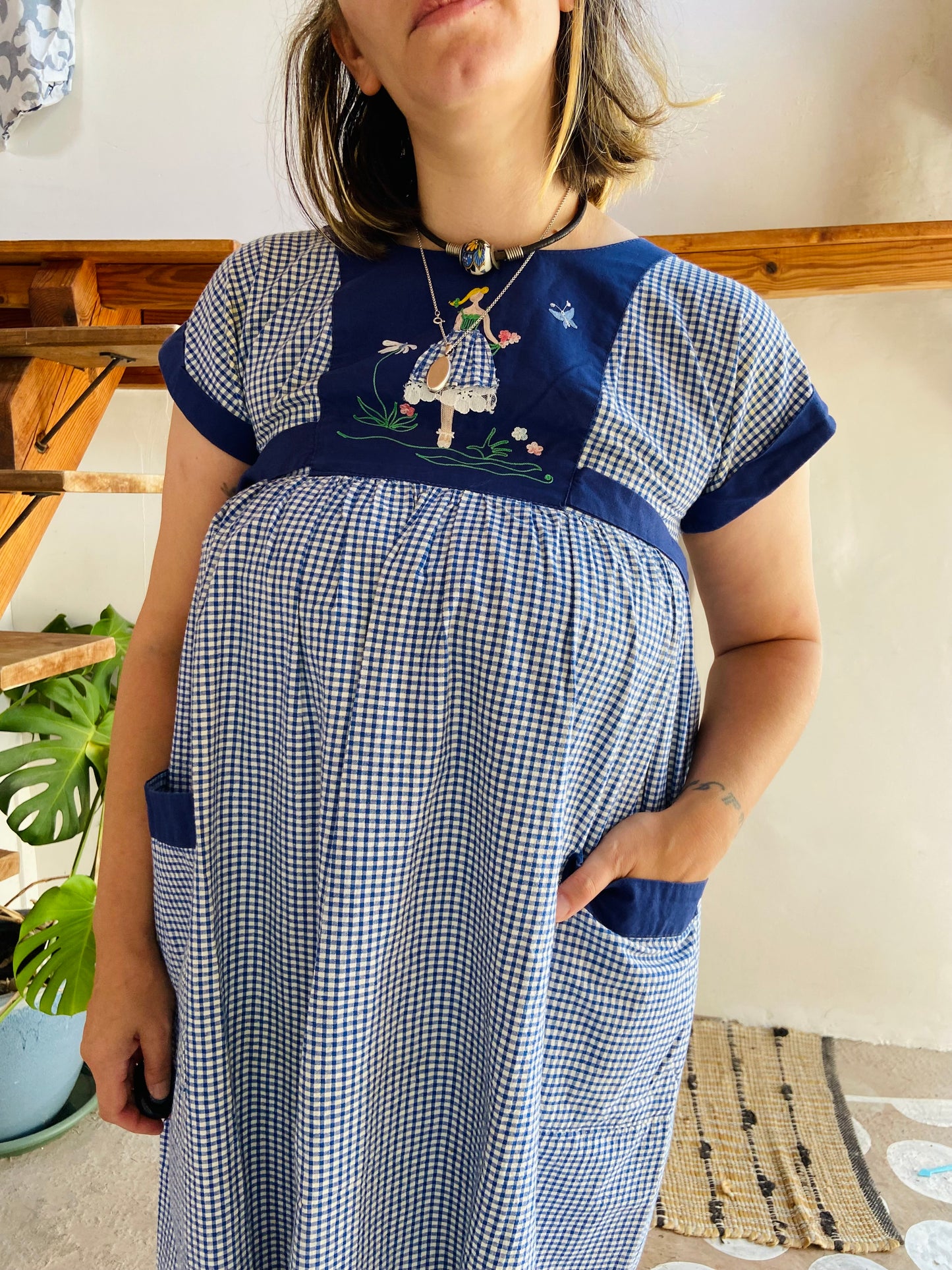VINTAGE 70's Blue Embroidered Gingham Midi Dress - S/M