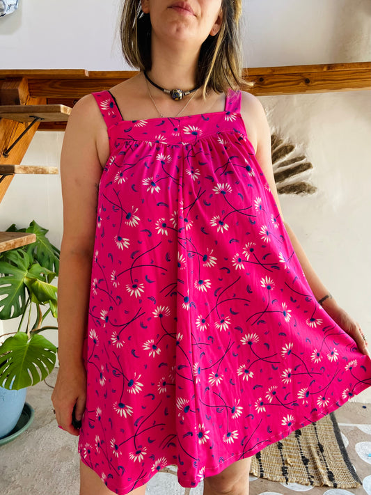 VINTAGE 90's Bright Pink Floral Mini Dress - M/L