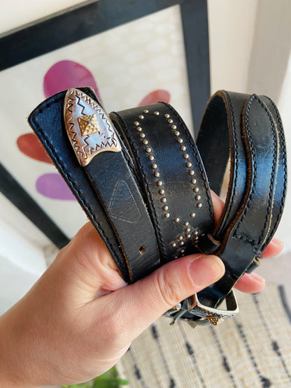 VINTAGE 90's Black Leather Western Silver Buckle Belt - ONE SIZE