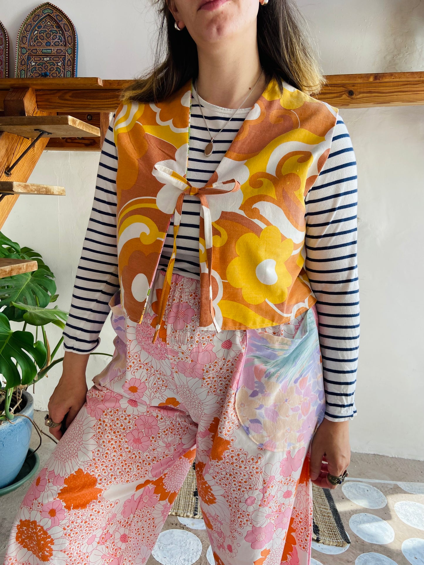 DESERT FOX 70's Orange & Pink Floral Reversible Waistcoat - S/M