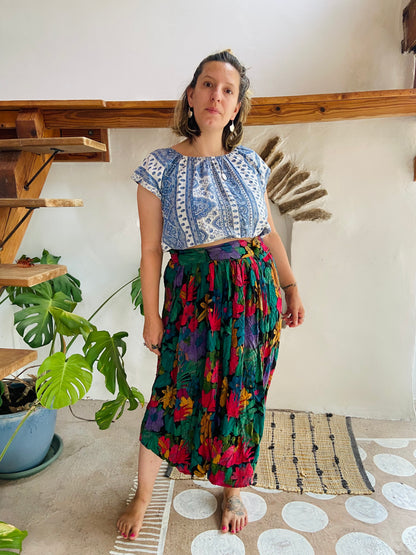 VINTAGE 90’s Bright Floral Print High Waisted Midi Skirt - S