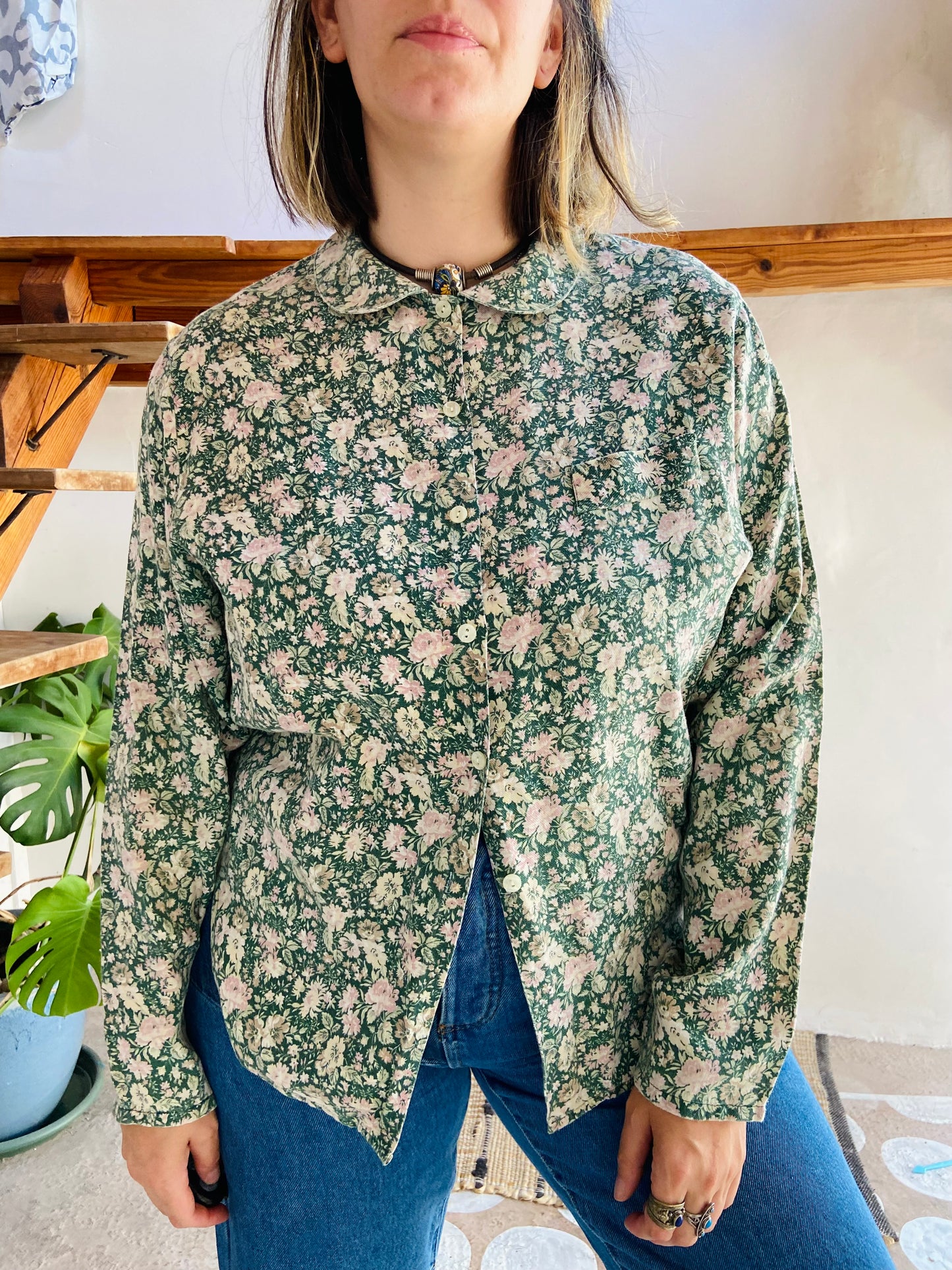 VINTAGE 90's Peter Pan Collar Floral Long Sleeve Shirt - M/L