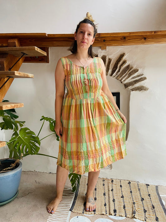 VINTAGE 90's Pastel Checked Midi Dress - M/L