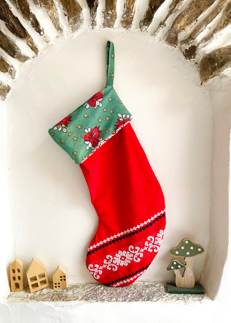 DESERT FOX Handmade Vintage Fabric Christmas Stocking - Traditional Woven