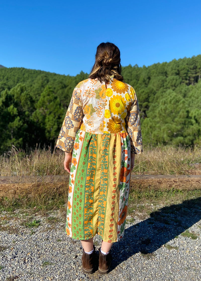 DESERT FOX Dahlia Midi Dress - 70's Orange Florals Tie Front - S/M